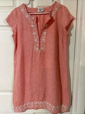 Hiho Coral Embroidered 100% Linen Tunic Dress